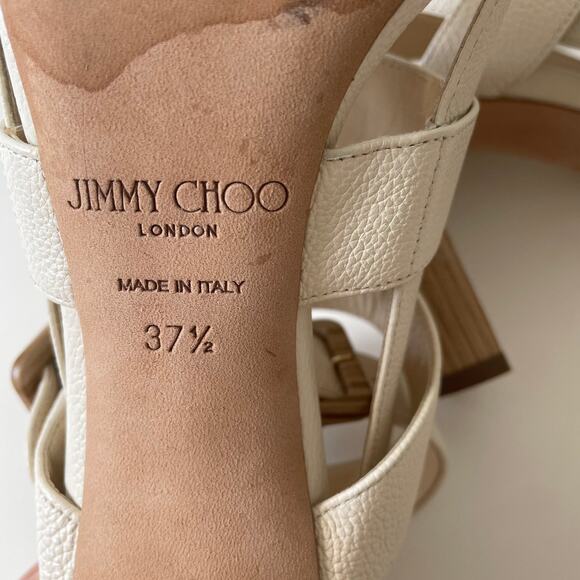 Jimmy Choo Maya 85 Cage Sandal Wood Heel Pebbled Leather Cream 37.5 - Picture 11 of 14
